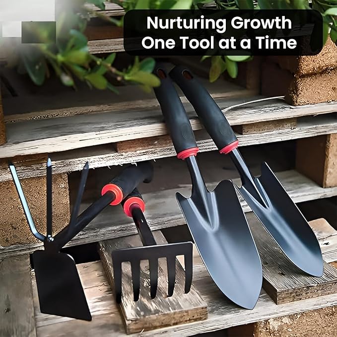 4 Pcs Garden Tools Set (Five Tooth Rake 2 Shovel and Two Headed Hoe) Terrace Balcony Gardening Accessories Kit for Home Garden Essential Farming