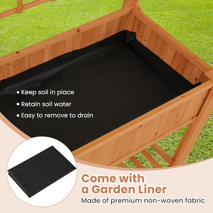 Raised Garden Bed Wooden Elevated Planter with Trellis &amp Storage Shelf All-in-One Planter for Patio Yard Balcony Outdoor Garden Enthusiasts Brown
