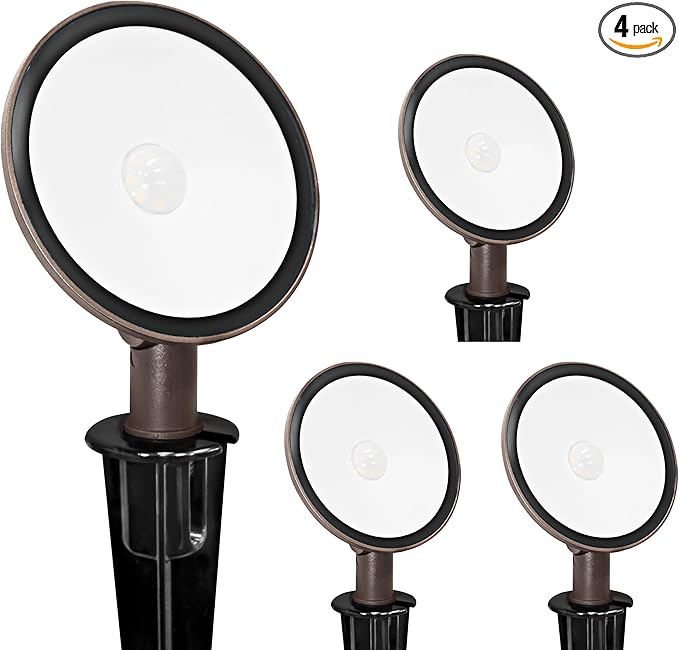GKOLED 4-Pack Low Voltage LED Landscape Flood Light 9-15V AC/DC Outdoor Wall Wash Lighting 5W 450LM Waterproof Landscape Spotlight with Slot Spike 3000K Adjustable Knuckle Mount Die-cast Aluminum