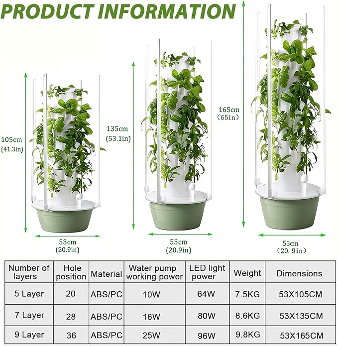Hydroponics Growing System Tower 5/7/9 Layers Garden Hydroponics Growing System Vertical Planter Tower with 4 LED Lights for Fruit and Vegetables Indoor &amp Outdoor 5Layer-WithoutLights