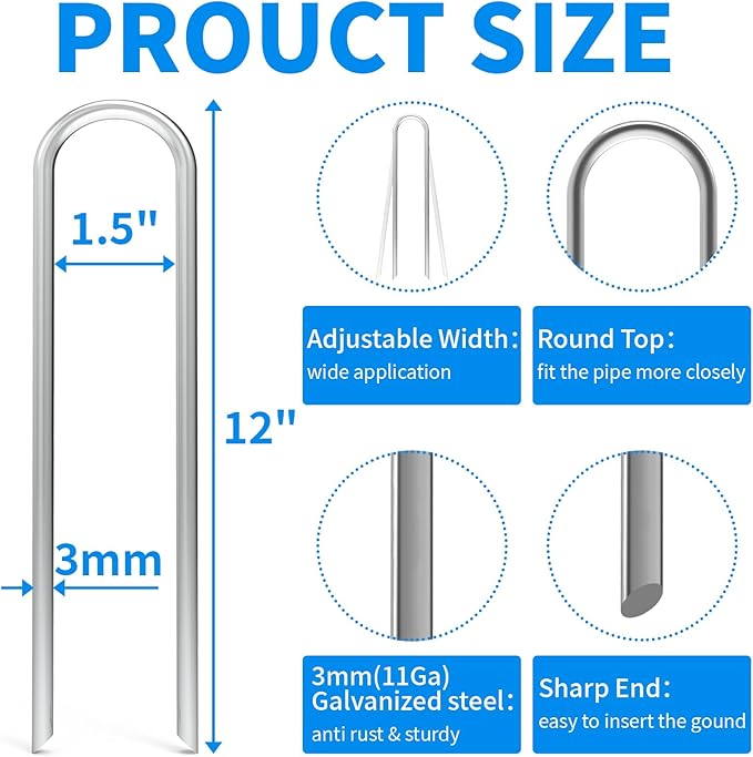 MySit 12 Inch 50 Pack Heavy Duty U Shaped Garden Stakes 11 Gauge Galvanized Fence Stakes Landscape Staples Metal Yard Stakes for Ground Drip Hose Inflatables Outdoor Decorations