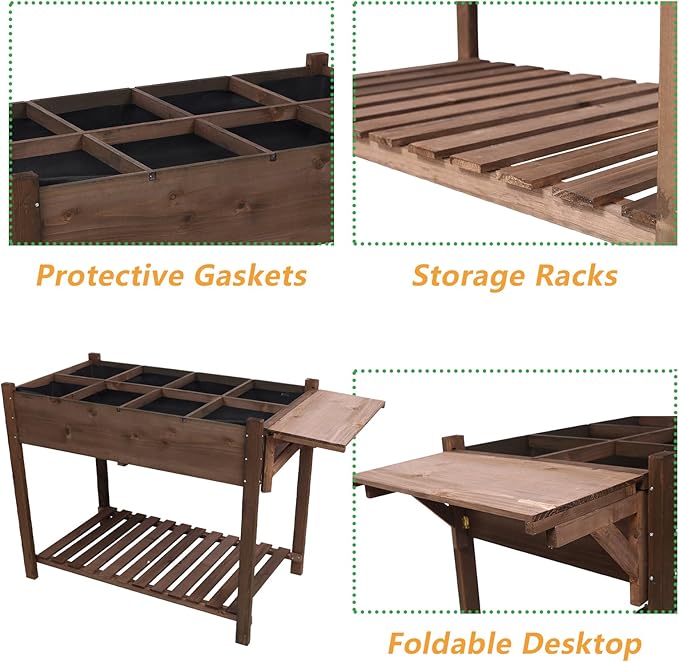 8 Pockets Horticulture Raised Garden Bed Elevated Wood Planter Box Stand with Foldable Side Table and Storage Shelf for Herb/Vegetables/Flowers Dark Brown Color