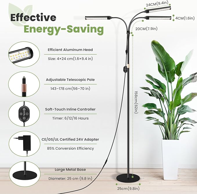 Large Plant Lights for Indoor growing 24V 660nm-Enhanced Full Spectrum LM281B+ LED Grow Light Plant Light with Timer &amp Dimming Adjustable Height 22–70in 9.8in Base 28W 560μmol/s/m²@6in
