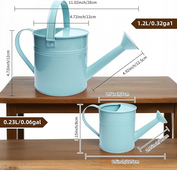 Small Metal Watering Can Set Pink 1.2L and 0.23L Garden Cans with Long Spout Indoor Outdoor Plant Care (Green Blue)