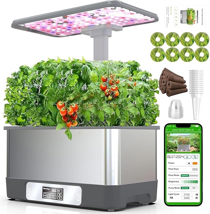hydroponics Growing System 8 Holes Indoor herb Garden with app Control Vegetables Fruits Flowers Mode LED Customized Spectrum 30cm Height Adjustable Touch Screen Indoor Garden Gray
