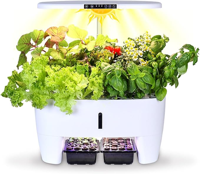 Aeroponic Tower Garden System 16 Holes Hydroponic Tower Hydroponics Tower with 24W Full Spectrum LED Grow Light 3 Light Modes for Home/Office/School White