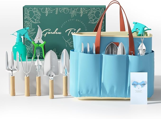 VerdantVibes 9-Piece Garden Tool Set - Heavy Duty Gardening Hand Tools with Ergonomic Non-Slip Grips Rust-Resistant Shovel Trowel Rake Pruner &amp Storage Bag - Ideal Gardening Gifts for Women