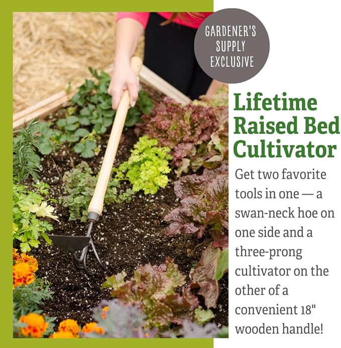 DeWit Gardener's Supply Company Lifetime Raised Bed Cultivator &amp Long-Handled Garden Hoe | High Carbon Boron Steel Gardening Tool - 18 Handle