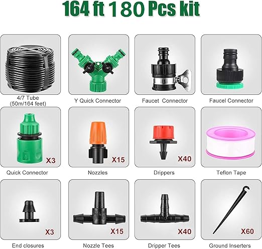 Drip Irrigation System 180 Pcs 164FT Garden Irrigation System 1/4 Blank Distribution Tubing Watering Drip Kit Automatic Irrigation Equipment for Garden Greenhouse Flower BedPatioLawn