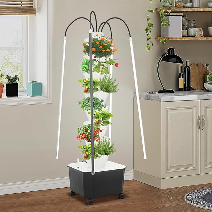 Hydroponic Growing System Tower 80W 40 Plants 8-Layer Hydroponic Tower with LED Light Vertical Hydroponics Garden Tower for Herbs Vegetables Fruits with Pump &amp Water Level Gauge (White)