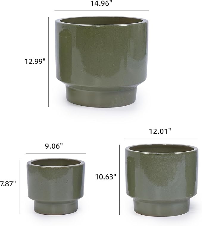 Handmade Solid Glaze Ceramic Planter Set of 3 15129 Inch Diameter for Succulents Flowers Outdoor G Indoor Staircase Use Breathable Porous Clay Earthy Green