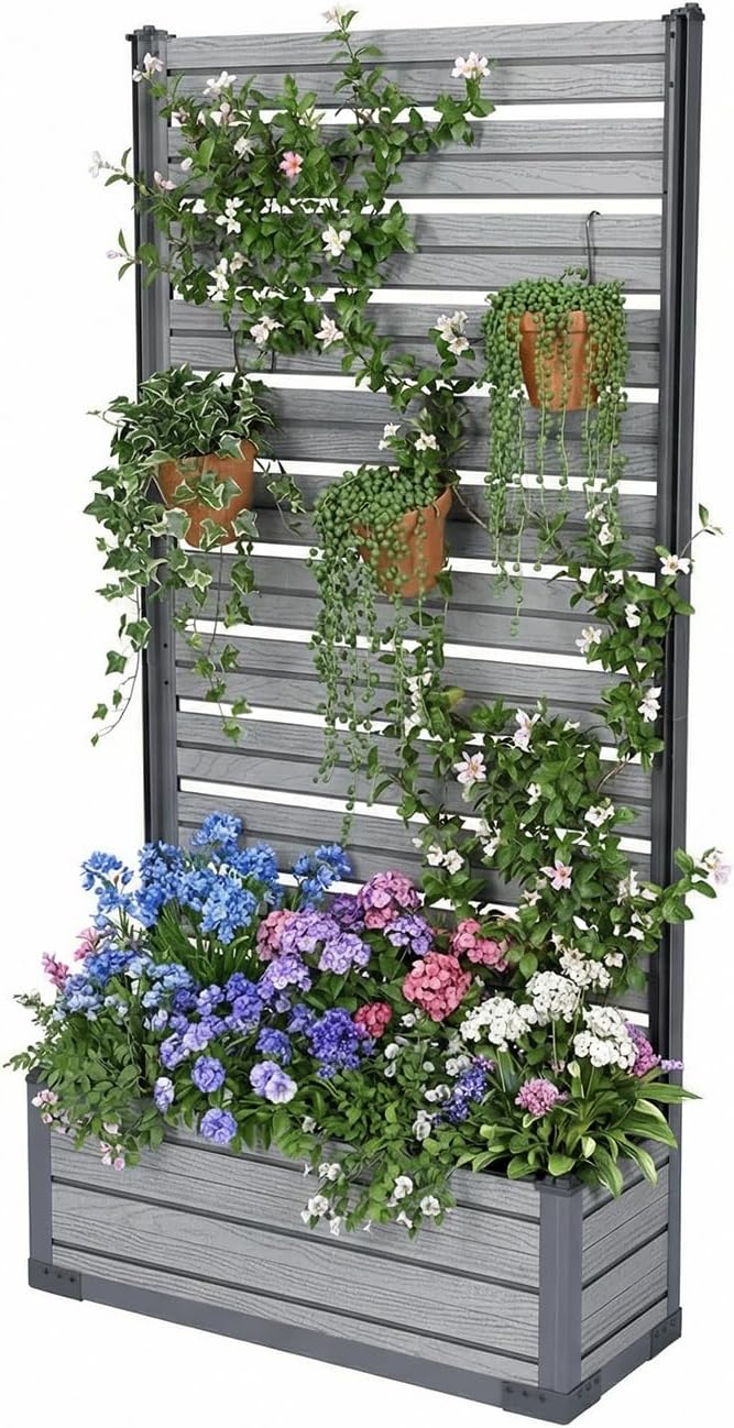 Aoodor Patio Privacy Screen with Planter Box for Climbing Plants Freestanding or Wall Mounted Flower Bed with Privacy Panels for Patio Balcony &amp Backyard 36''L x 14''W x 74''H