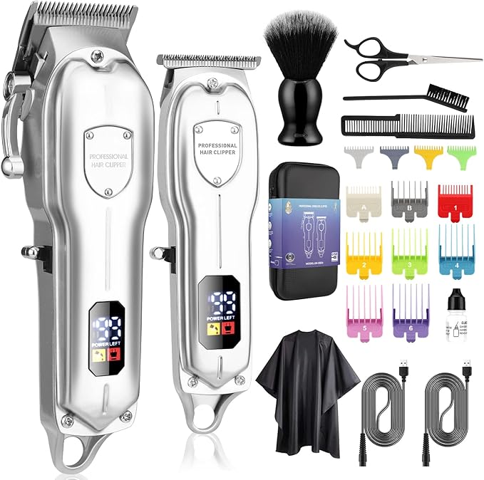 Karrte Professional Hair Clippers and Trimmer KitCordless Hair Cutting KitBarber Supplies for Men Beard Trimmer Mens Grooming Kit Accessories (Silver)