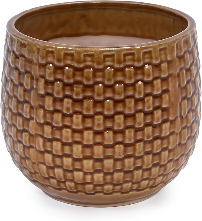 Handmade Glazed Ceramic Planter Set of 3 975 Diameter Diamond Pattern for Succulents Herbs Outdoor G Indoor StaircaseUse Breathable Clay with Drainage Holes Terracotta Brown