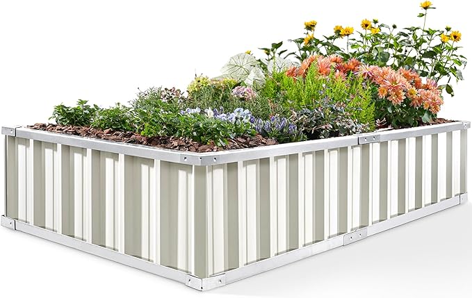 KING BIRD Raised Garden Bed 68x 36x 12 Galvanized Steel Metal Outdoor Garden Planter Box Kit with 2 Pairs of Gloves (Ivory)