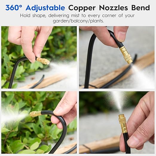 360° Automatic Drip Irrigation Kit - 5/16'' Tubing Adjustable Universal Spray Nozzle Copper Atomizing System for Garden/Lawn/Greenhouse - Multi-Directional Rotation Quick Connectors 49FT