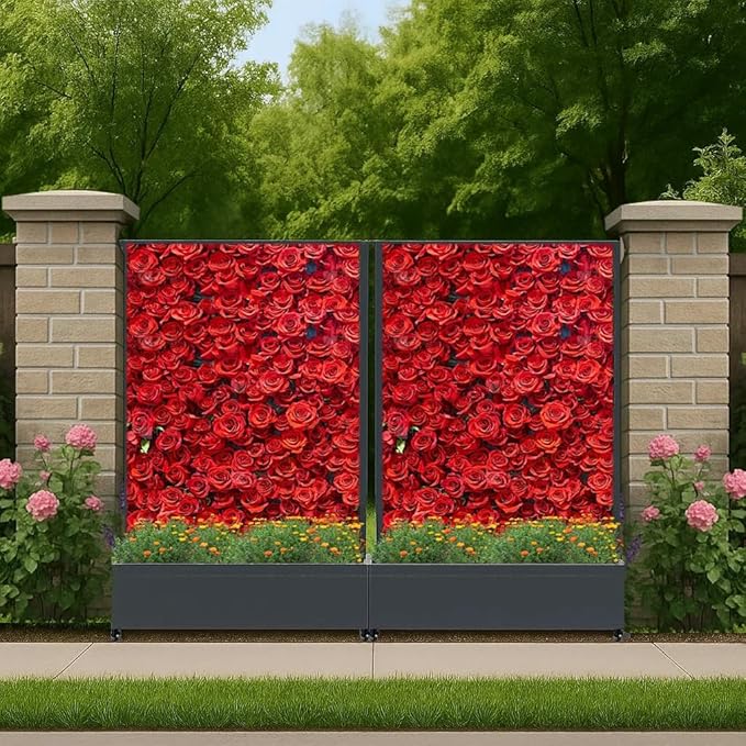 Outdoor Metal Privacy Screen with Trellis &amp Planter Box – 72 x 47 3-Panel Raised Garden Bed on Wheels with Drainage Patio Divider for Climbing Plants &amp Vegetables Black Wheeled - Diagonal