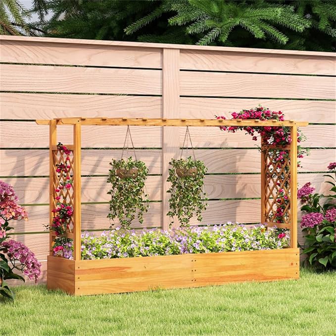 Pine Wooden Raised Garden Bed with Trellis &amp Flat Roof Planter Box for Climbing Plants Outdoor Planting Stand Roof Climbing Plant Support Raised Beds Backyard Planter Wooden Garden Planter