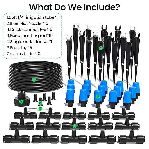 MIXC 65FT Greenhouse Watering System- Quick Efficient Connector Hanging Plant Watering System Automatic Mist Irrigation Kit with 1/4 Blank Tubing and Misting Nozzles