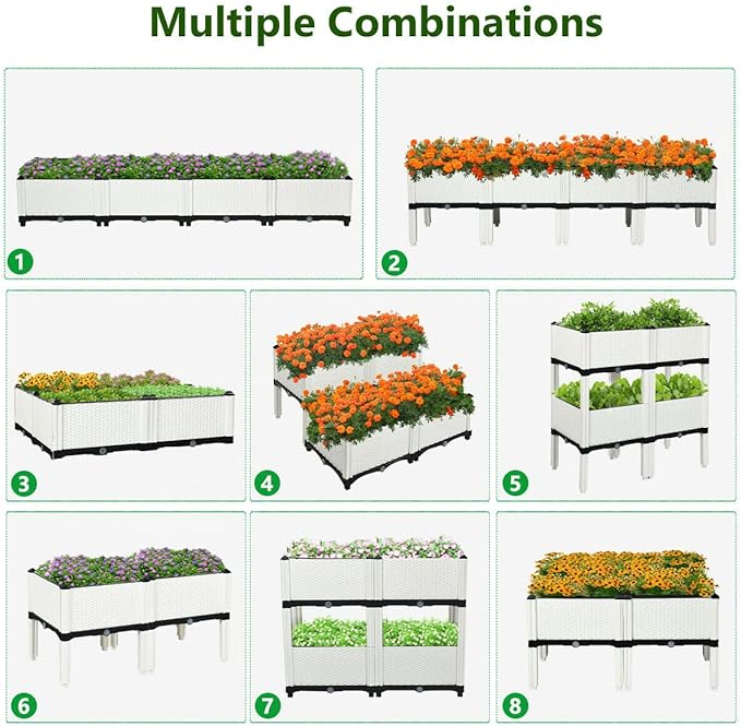 Giantex Raised Garden Bed Set of 4 Planter Raised Beds Kits with Drain Holes for Fruit Flowers Vegetables Outdoor Elevated Planting Box for Lawn Patio Balcony Easy Assembly Rattan-Like Look White