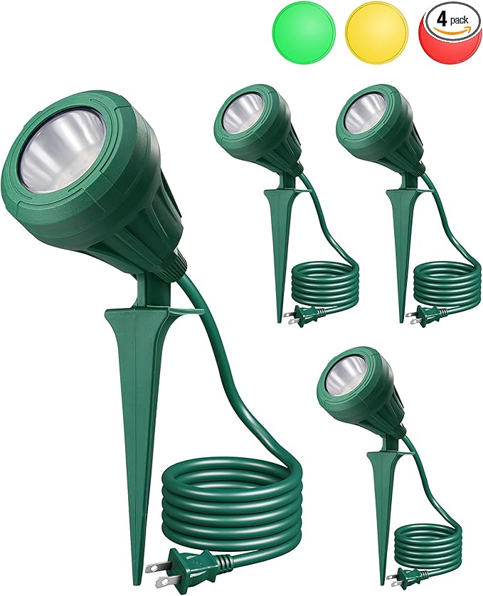 EDISHINE 120V Outdoor LED Spotlights 5.5W Plug in Spotlight with 3 Lenses (Red Green Yellow) &amp 180° Rotatable Lamphead 5000K Waterproof Landscape Lights for Flag Garden 4 Pack