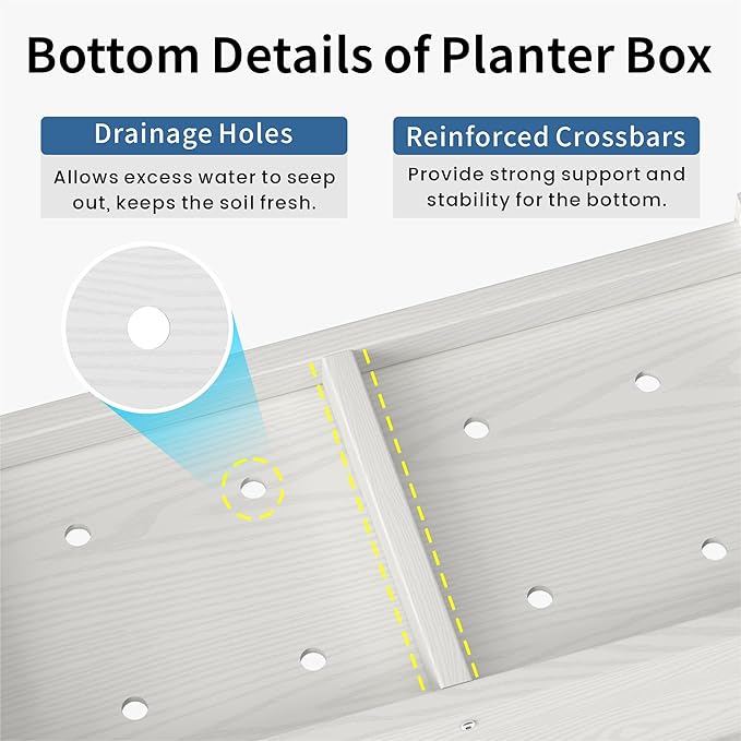 HDPE Planter Box All-Weather Outdoor Garden Bed Easy to Assemble Drainage System Low Maintenance Non-Fading for Flower/Herb/Seed (White)