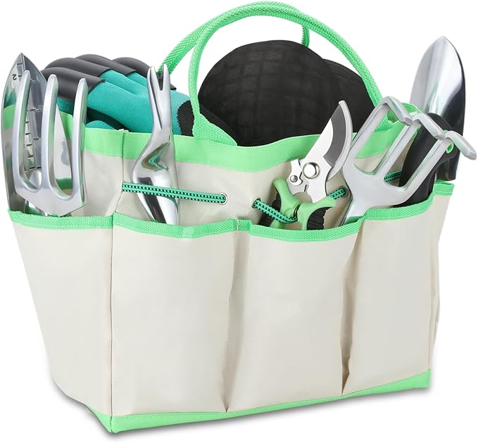 Green Garden Tools Set 12-Piece Heavy Duty Steel Gardening Tools with Canvas Water-Proof Storage Bag 12 Trowel Transplanter Weeder with Non-Slip Soft Handles Perfectly Meets Your Various Needs