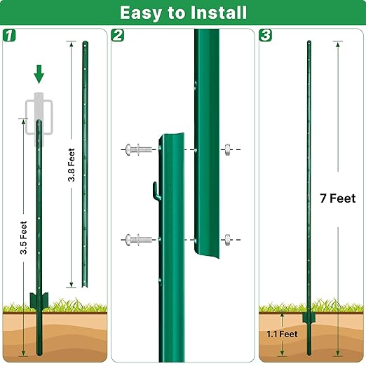 ARIFARO Metal Fence Posts 7 Feet assemblablePack of 10Sturdy Duty No Digging Garden U Post for Wire Fencing Steel Poles for Yard Outdoor