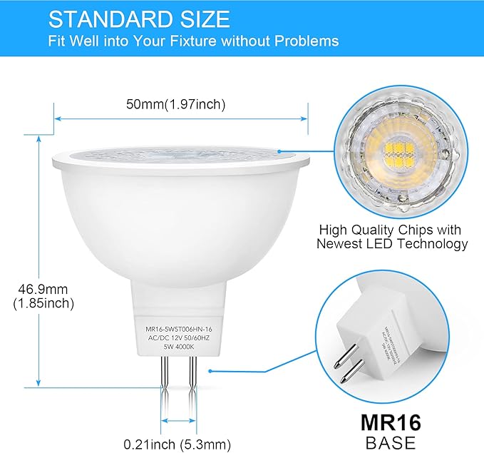 Mlambert 12 Pack MR16 LED Bulbs 50W Halogen Equivalent4000K Neutral White5W GU5.3 MR16 12V Spotlight BulbNon-Dimmable45° Beam Angle for Landscape Recessed