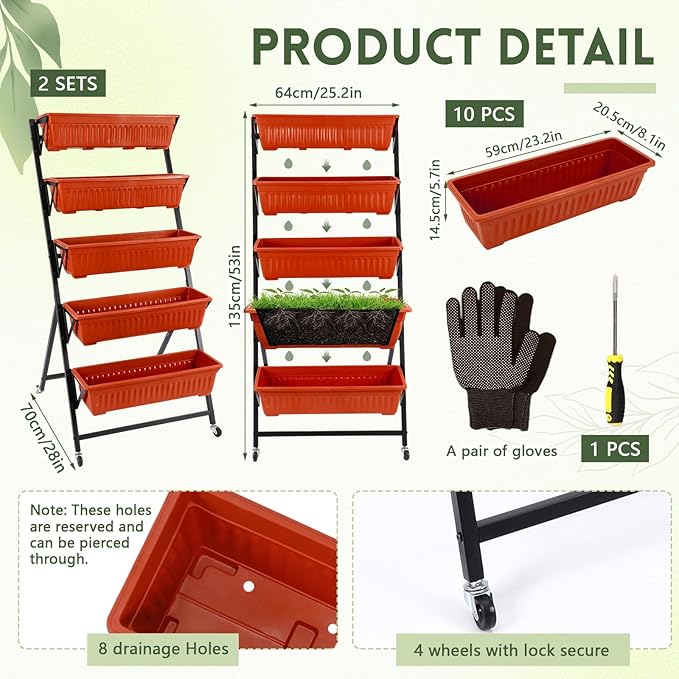 2 Pack 5 Tier Vertical Garden Planter with Wheels 4.5 ft Raised Garden Bed for Strawberry Herb Vegetable Flower Stackable Planter Boxes with Drainage for Patio Indoor Outdoor(Brick Red)