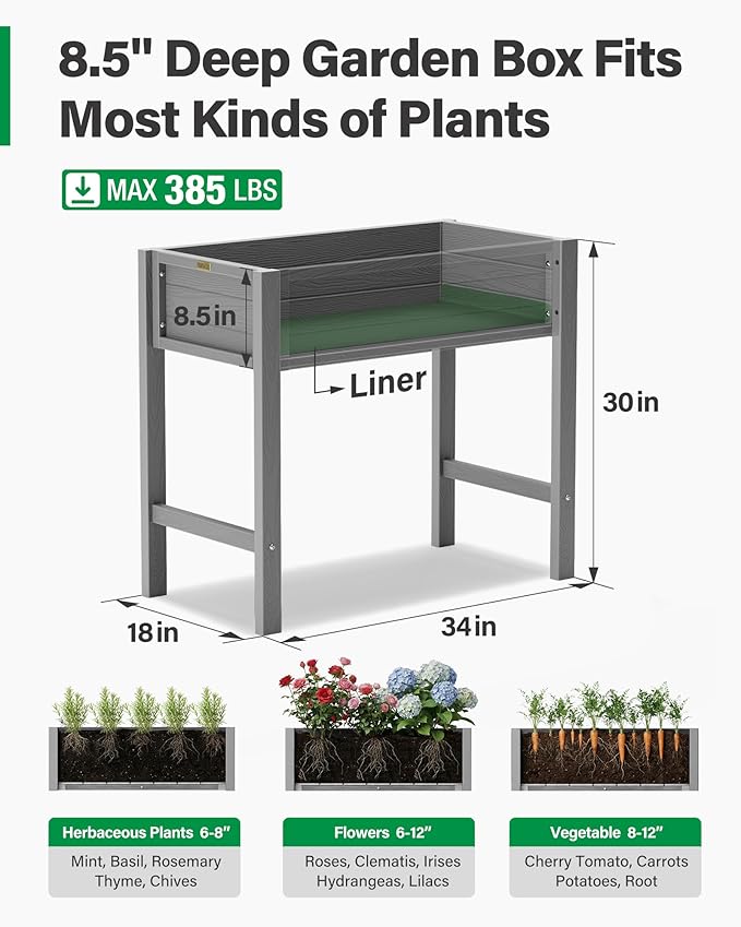 YEFU Raised Garden Bed with Legs: 34x18x30in Grey HIPS Elevated Outdoor Planter Box for Vegetables Herbs Flowers - Patio/Balcony/Backyard Gardening - Effortless Design for Easy Growing