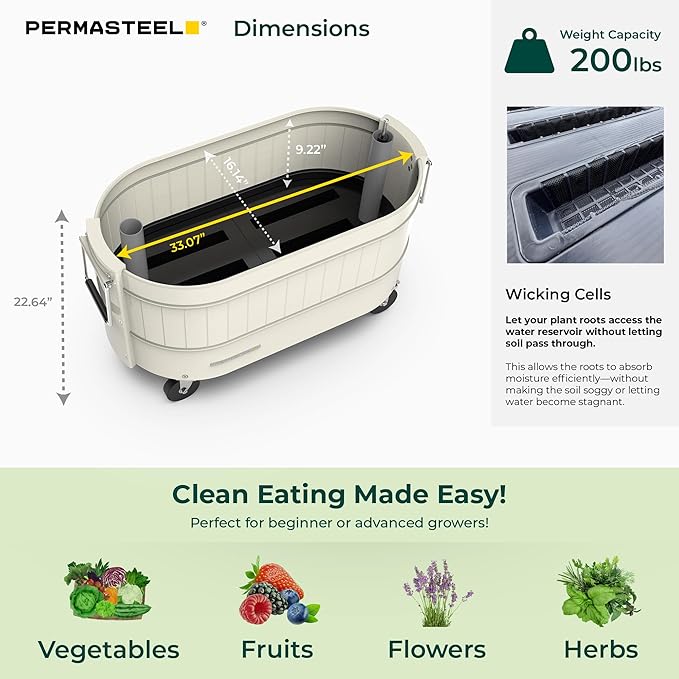Permasteel Self-Watering Garden Bed Rolling Planter for Vegetables Flowers Herbs and Fruit Outdoor Indoor Caster Wheels Ivory
