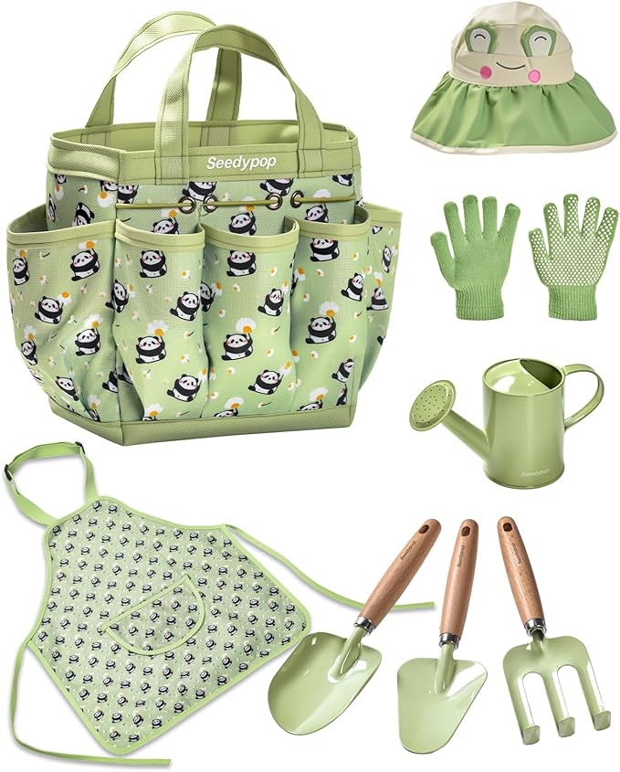 Handmade Kids Gardening Tools Set - 8Pc Artisan Garden Kit with Real Wood Handles Metal Heads Frog Hat Panda Apron &amp Tote - Nature Learning Gift for Toddlers &amp Kids (Sage Green)