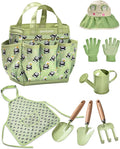 Handmade Kids Gardening Tools Set - 8Pc Artisan Garden Kit with Real Wood Handles Metal Heads Frog Hat Panda Apron &amp Tote - Nature Learning Gift for Toddlers &amp Kids (Sage Green)