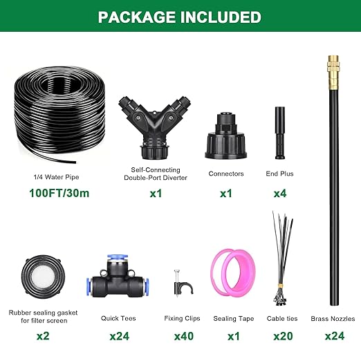 Drip Irrigation System 2026-Upgrade 100Ft 1/4 Garden Watering System with 24 Pcs 360° Adjustable Copper Nozzles DIY Kit for Garden Lawn Greenhouse Raised Beds &amp Outdoor Plants