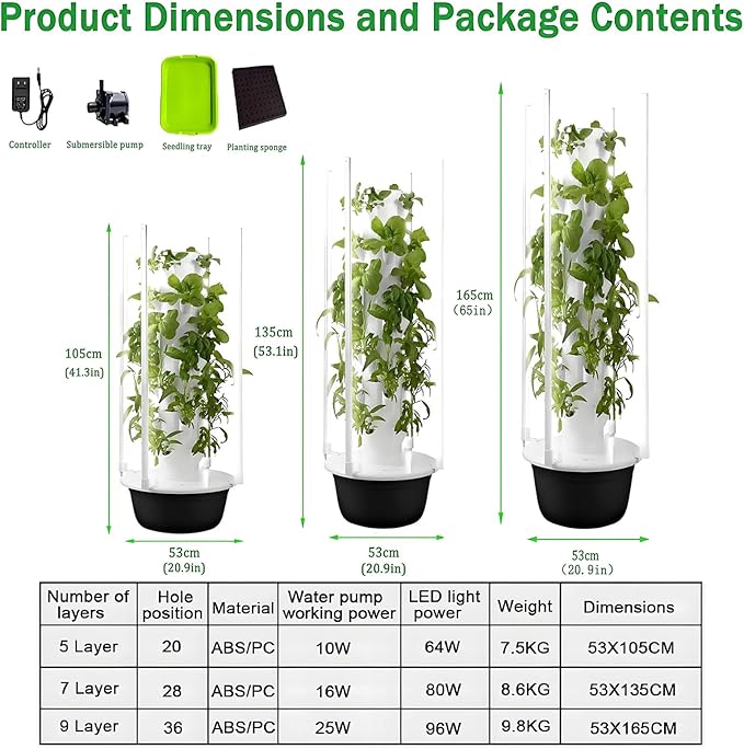 Hydroponics Tower Set Hydroponic Growing System Hydroponic Growing Kit Aquaponics Growing System Hydroponics Vertical Growing System with LED Grow Lights9 Layer