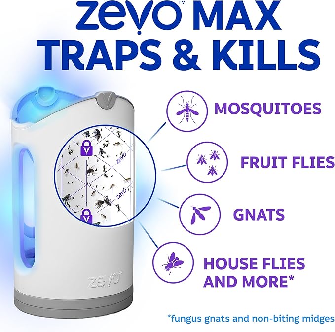 Zevo MAX Bug Catcher &amp Fly Trap for Indoors - Flying Insect Trap for Gnats House &amp Fruit Flies - Use in Any Room - No-Mess Disposal (2 Plug in Bases &amp 4 Cartridges)