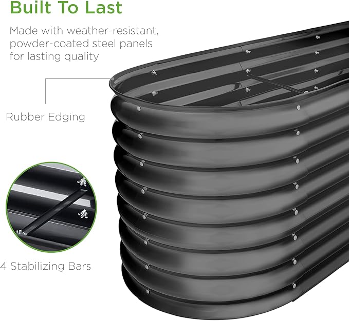 Best Choice Products 8x2x2ft Metal Raised Garden Bed Oval Outdoor Deep Root Planter Box for Vegetables Herbs w/ 4 Support Bars 215 Gal Capacity - Charcoal