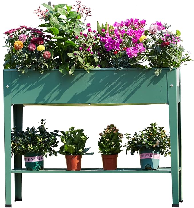 Raised Garden Bed Elevated Green Metal Plant Box with Legs Standing Garden Stand with Drainage Holes (40 L x 11 W x 31 H)