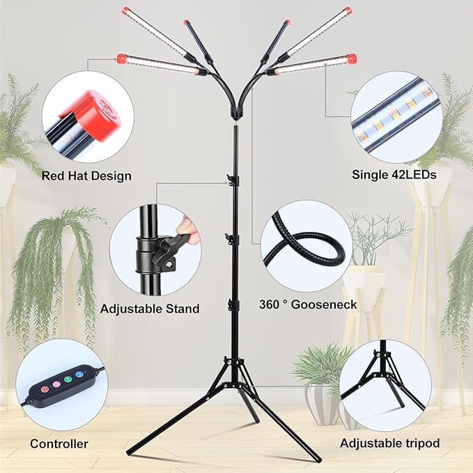 6Head Grow Light with Stand for Tall and Large Indoor Plants Bonsai Tree Big Coverage and Bright Plant Growing Lamps 4/8/12/16/20H Timer 54 Watt Power Draw NO Need Adapter 360° Gooseneck