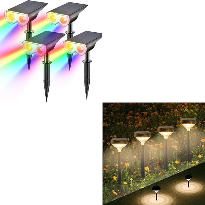 Linkind Multicolor Solar Spot Lights 4 Pack+ Warm White Solar Pathway Lights 8 Pack