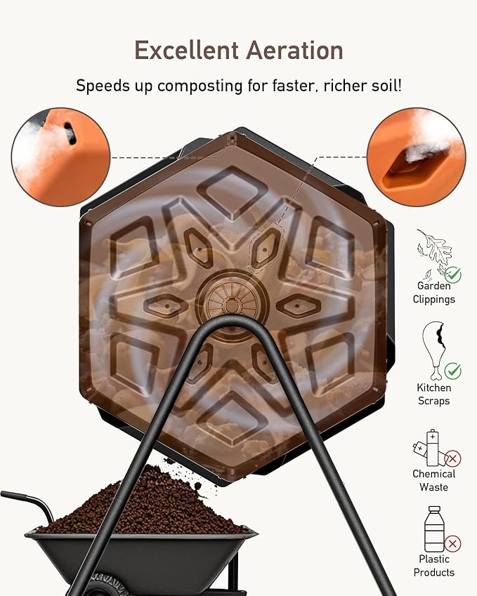 THEGROW'ING Updated 43 Gallon Compost Bin Outdoor Fast Assemble Tumbling Composter Dual Chamber Composter Tumbler Rotating Compost Bin for Outside Backyard Garden and Yard Orange