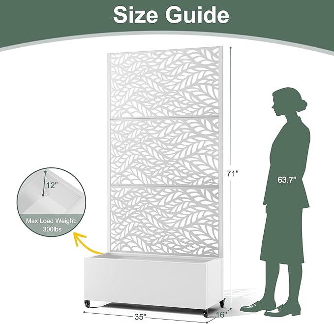 Metal Standing Planter Box with Trellis Privacy Planter for Patio Outdoor Raised Garden Beds with Trellis for Climbing Plants Garden Boxes with Wheels &amp Drainage Holes (35L White Spring)