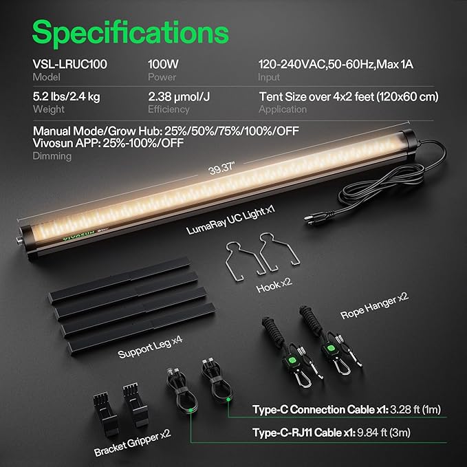 VIVOSUN LumaRay Under Canopy Grow Light Full Spectrum Dimmable LED Grow Lights for Grow Tents Greenhouses SGS Compatible 100W 3.28 ft 1 Pack
