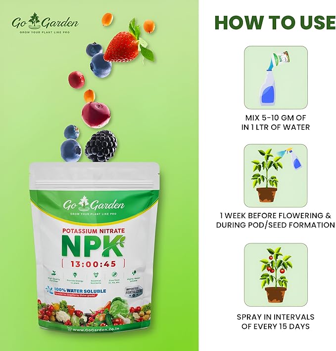 Go Garden Potassium Nitrate KNO3 NPK 13-0-45 Fertilizer | 100% Water Soluble Crystalline Powder | Multi-Purpose for Indoor &amp Outdoor Plants | Enhances Growth &amp Resistance | 900 G