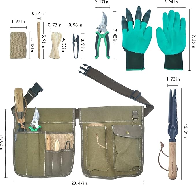 Gardenwind 14Pcs Gardening Tools for Men Gardening Hand Tools with Weeder Scale Sawtooth Cut Rope Waist BagHeavy Duty