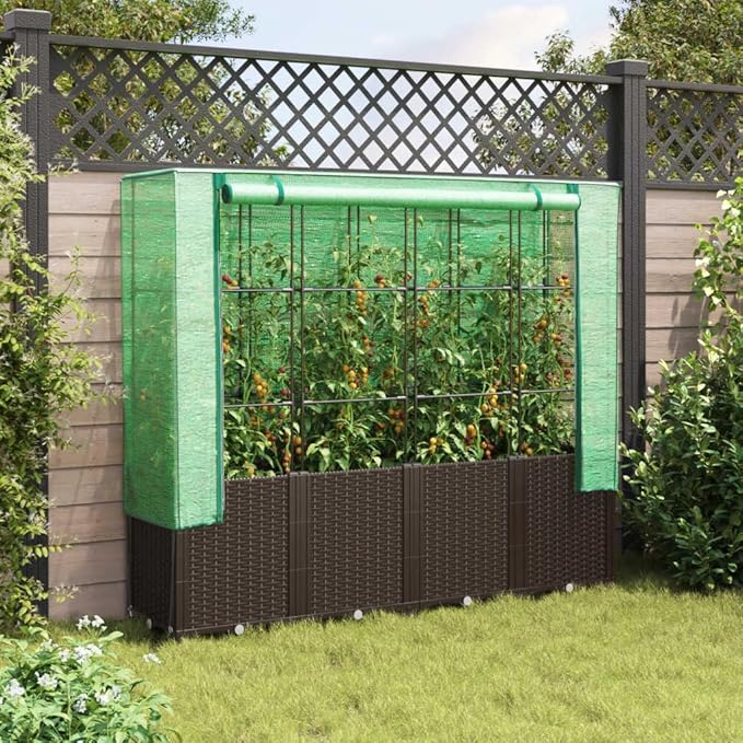Brown Polypropylene Raised Garden Bed Rattan Look 63.0 in x 15.7 in Height-Adjustable Outdoor Planter for Vegetables Flowers