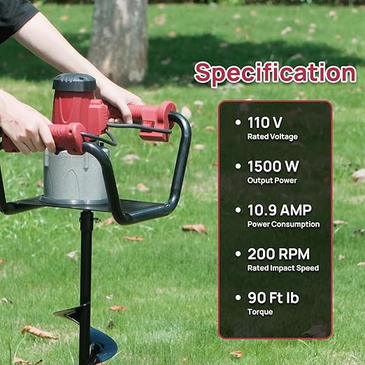 DC HOUSE 1500W Electric Post Hole Digger Earth Auger Hole Digger Digging Tools Auger with 6 Digging Bit Set with Reverse Function Prune Farmland and Garden