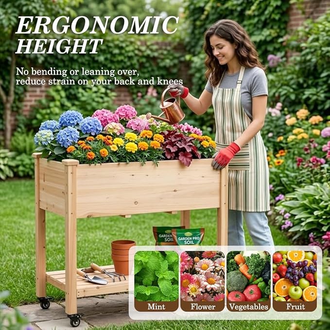 Raised Garden Bed with Lockable Wheels 40x24x32 inch Elevated Wood Planter with Storage Shelf Protective Liner for Vegetable Flower Herb Outdoor Balcony Patio Backyard Natural