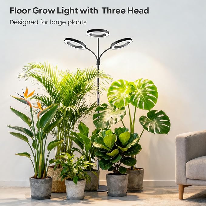Garpsen Halo Floor Grow Light Three-Head Full Spectrum LED Plant Light with Base 5 Dimmable Levels &amp Timer 6/12/16H 3 Color Modes Grow Lamp with 252 LEDs 67''Height Adjustable for Large Plants